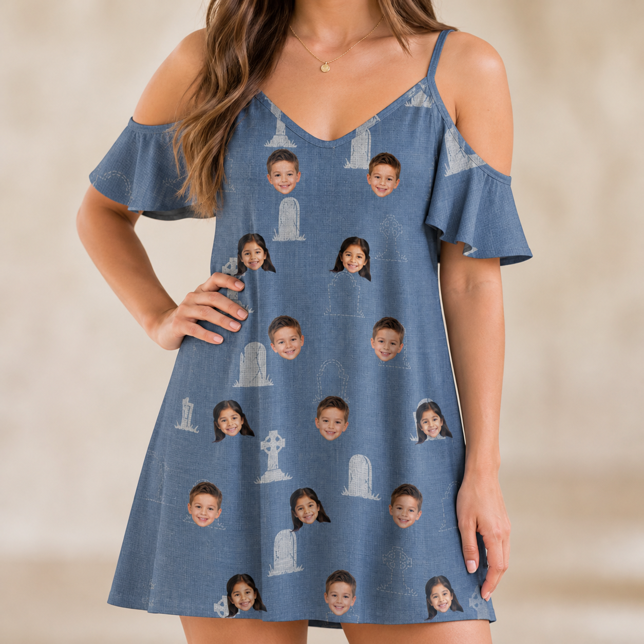 Model wearing Women's Epitaph Escapades Custom Face Off-Shoulder Dress printed with kids' faces
