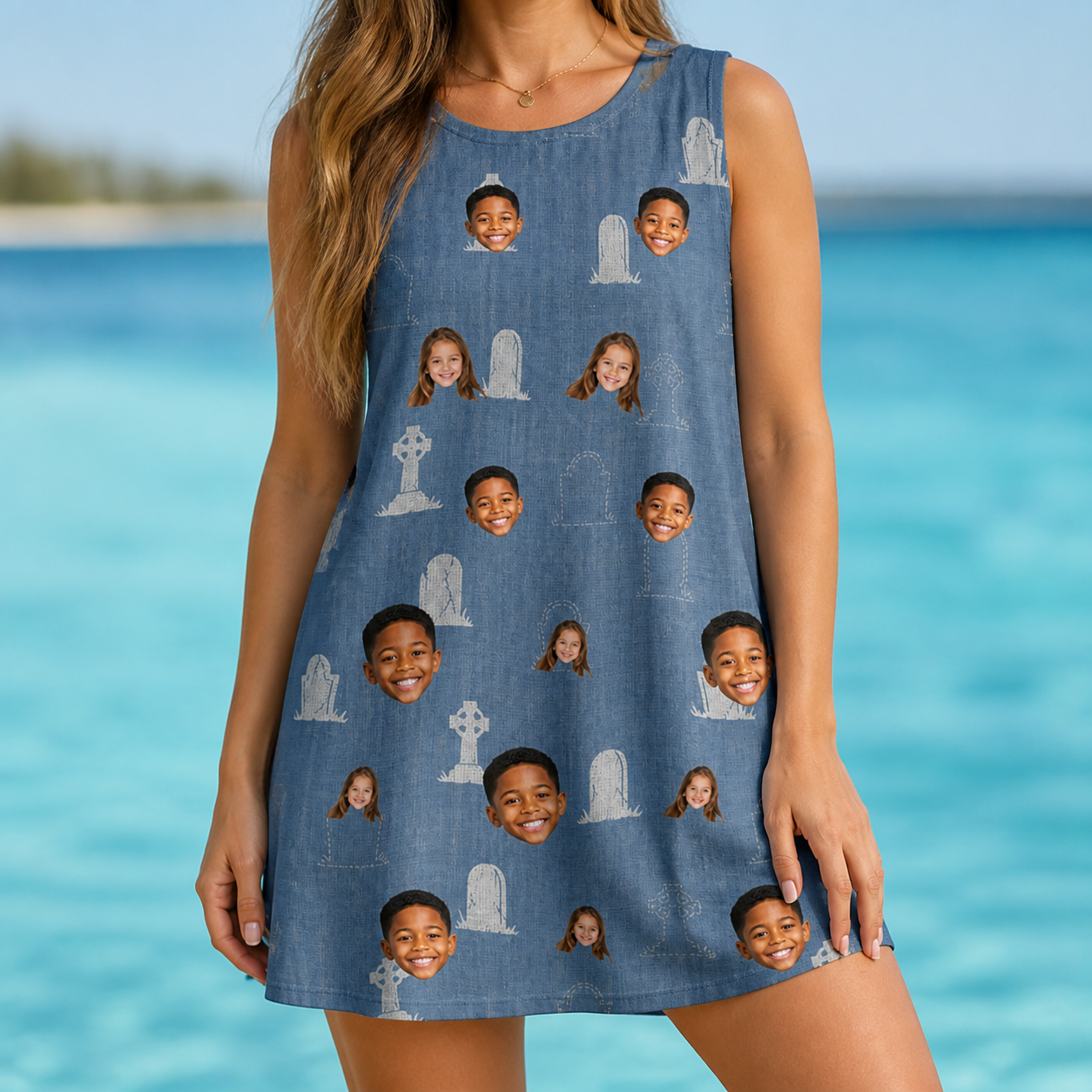 Model wearing Women's Epitaph Escapades Custom Face Tank Dress printed with kids' faces