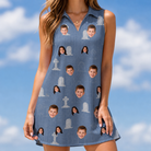 Model wearing Women's Epitaph Escapades Custom Face V-Neck Dress printed with kids' faces