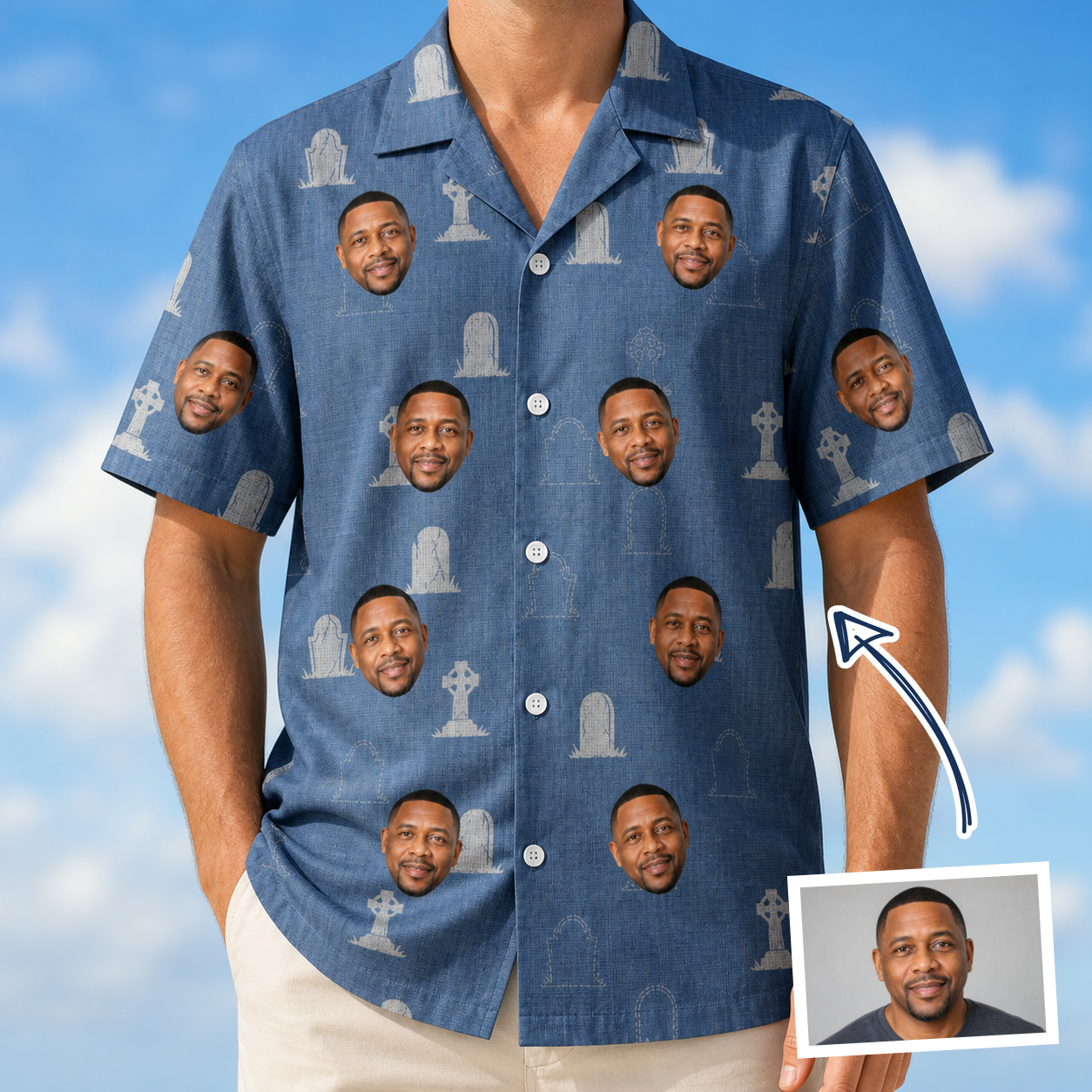 Man wearing Men's Epitaph Escapades Custom Face Hawaiian Shirt — custom faces printed all-over