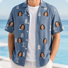 Man wearing Men's Epitaph Escapades Custom Face Hawaiian Shirt open over a white tee