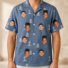 Model wearing Men's Epitaph Escapades Custom Face Hawaiian Shirt printed with kids' faces