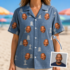 Woman wearing Women's Epitaph Escapades Custom Face Hawaiian Shirt — custom faces printed all-over