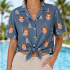 Woman wearing Women's Epitaph Escapades Custom Face Hawaiian Shirt tied at the waist