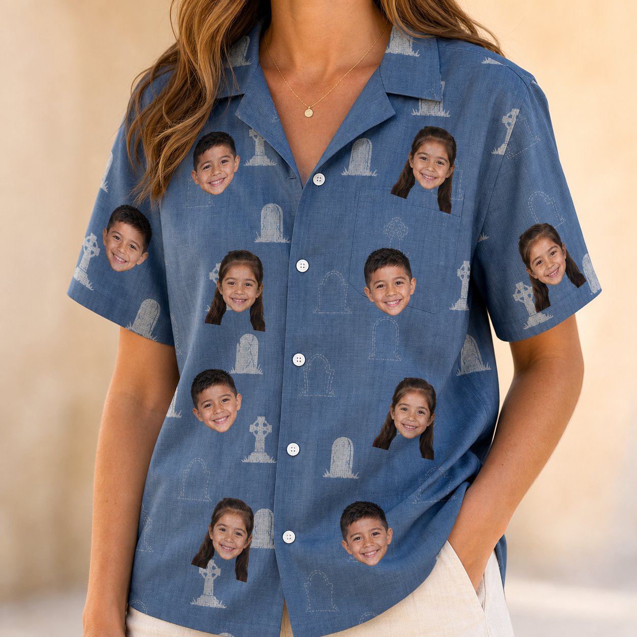 Model wearing Women's Epitaph Escapades Custom Face Hawaiian Shirt printed with kids' faces