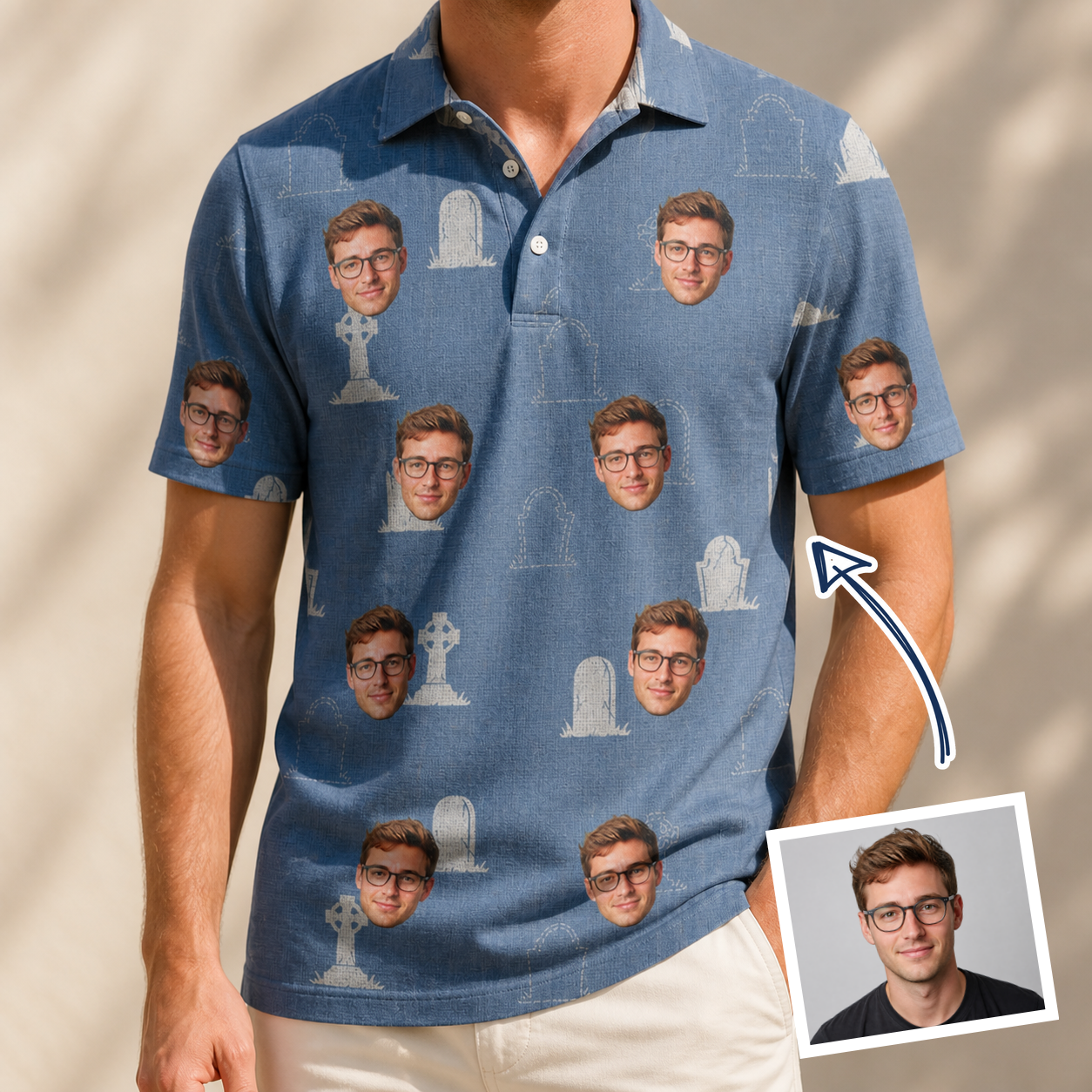 Man wearing Men's Epitaph Escapades Custom Face Polo Shirt — custom faces printed all-over