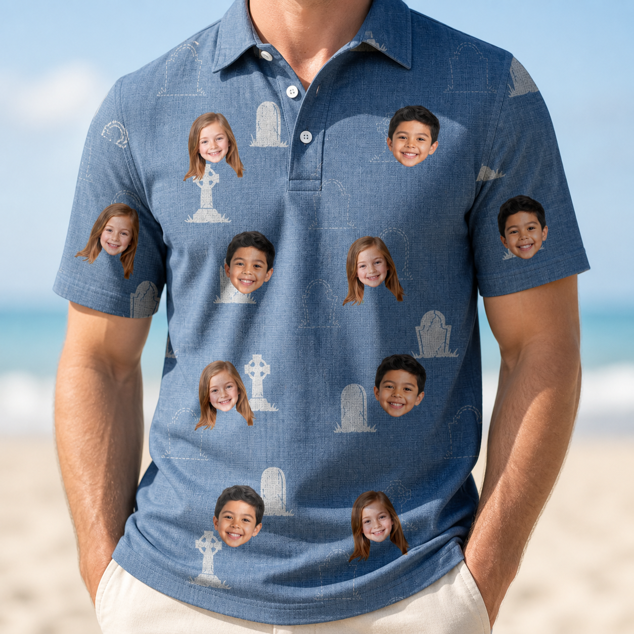 Model wearing Men's Epitaph Escapades Custom Face Polo Shirt printed with kids' faces