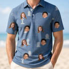 Model wearing Men's Epitaph Escapades Custom Face Polo Shirt printed with kids' faces