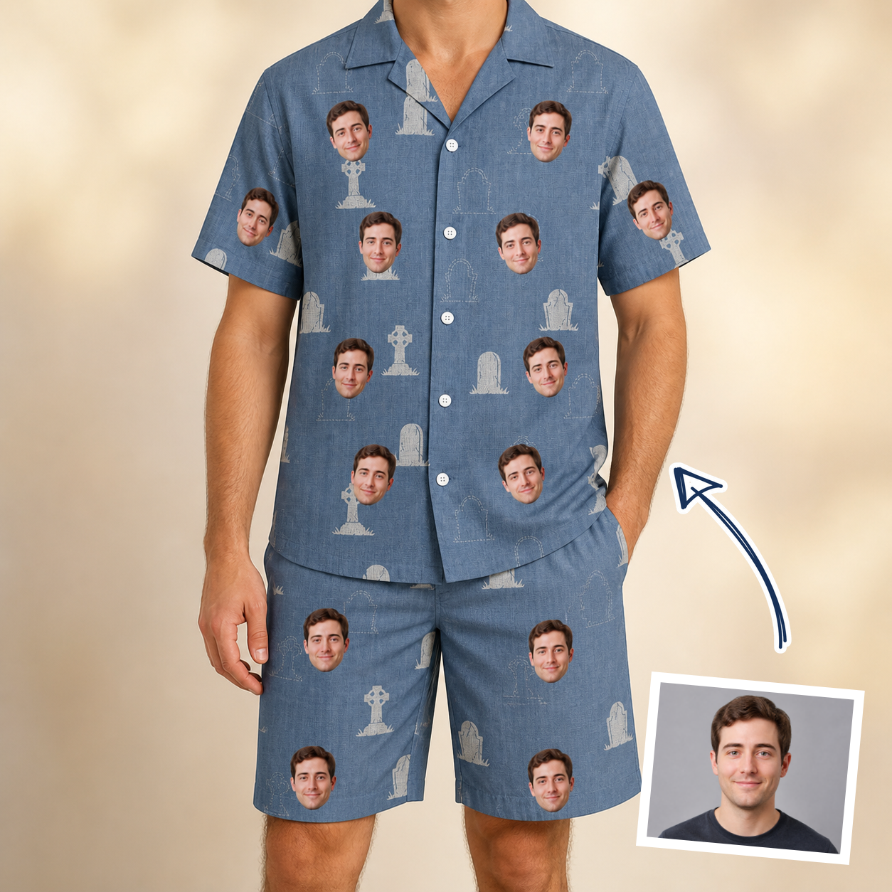 Man wearing Men's Epitaph Escapades Custom Face Shirt & Shorts Set — custom faces printed all-over