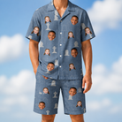 Model wearing Men's Epitaph Escapades Custom Face Shirt & Shorts Set printed with kids' faces