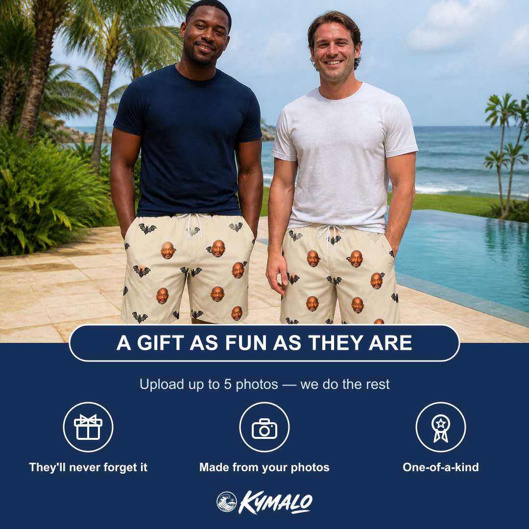 Friends in matching Men's Winged Whispers Custom Face Beach Shorts — a group gift photo