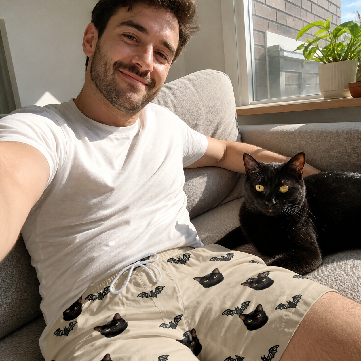Selfie with the pet whose face is printed all over this Men's Winged Whispers Custom Cat Face Beach Shorts