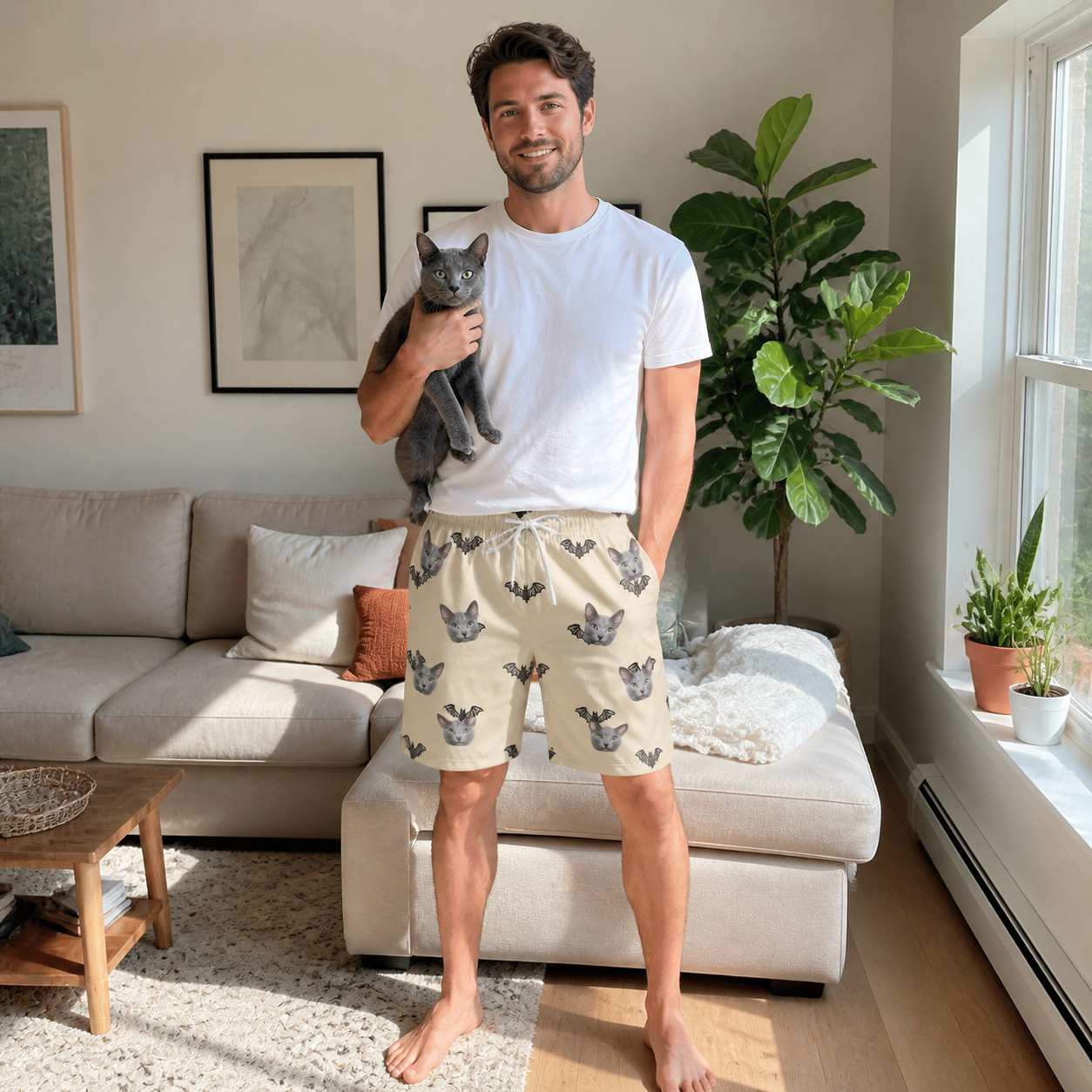Full-length photo with the pet printed all over this Men's Winged Whispers Custom Cat Face Beach Shorts