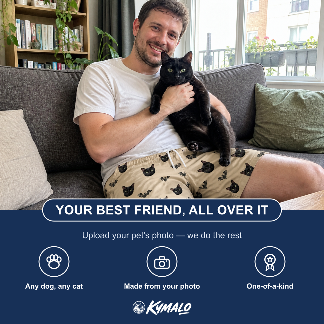 Friends in matching Men's Winged Whispers Custom Cat Face Beach Shorts — a group gift photo