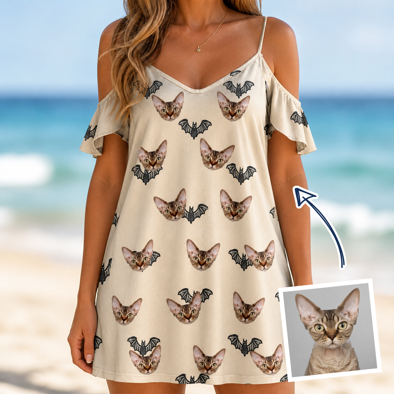 Woman wearing Women's Winged Whispers Custom Cat Face Off-Shoulder Dress — custom faces printed all-over