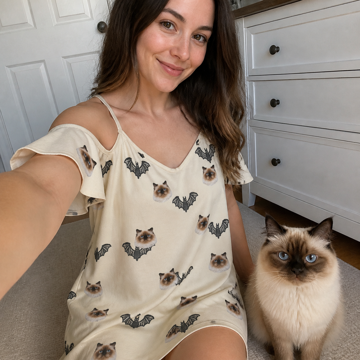 Selfie with the pet whose face is printed all over this Women's Winged Whispers Custom Cat Face Off-Shoulder Dress