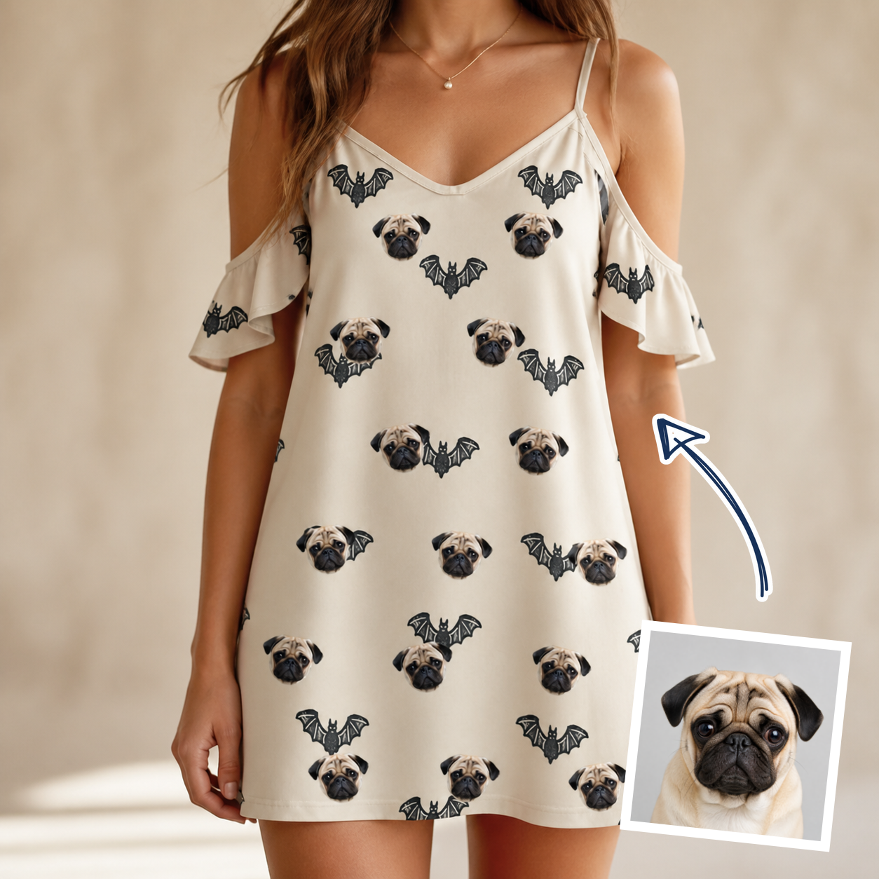 Woman wearing Women's Winged Whispers Custom Dog Face Off-Shoulder Dress — custom faces printed all-over