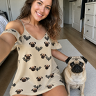 Selfie with the pet whose face is printed all over this Women's Winged Whispers Custom Dog Face Off-Shoulder Dress