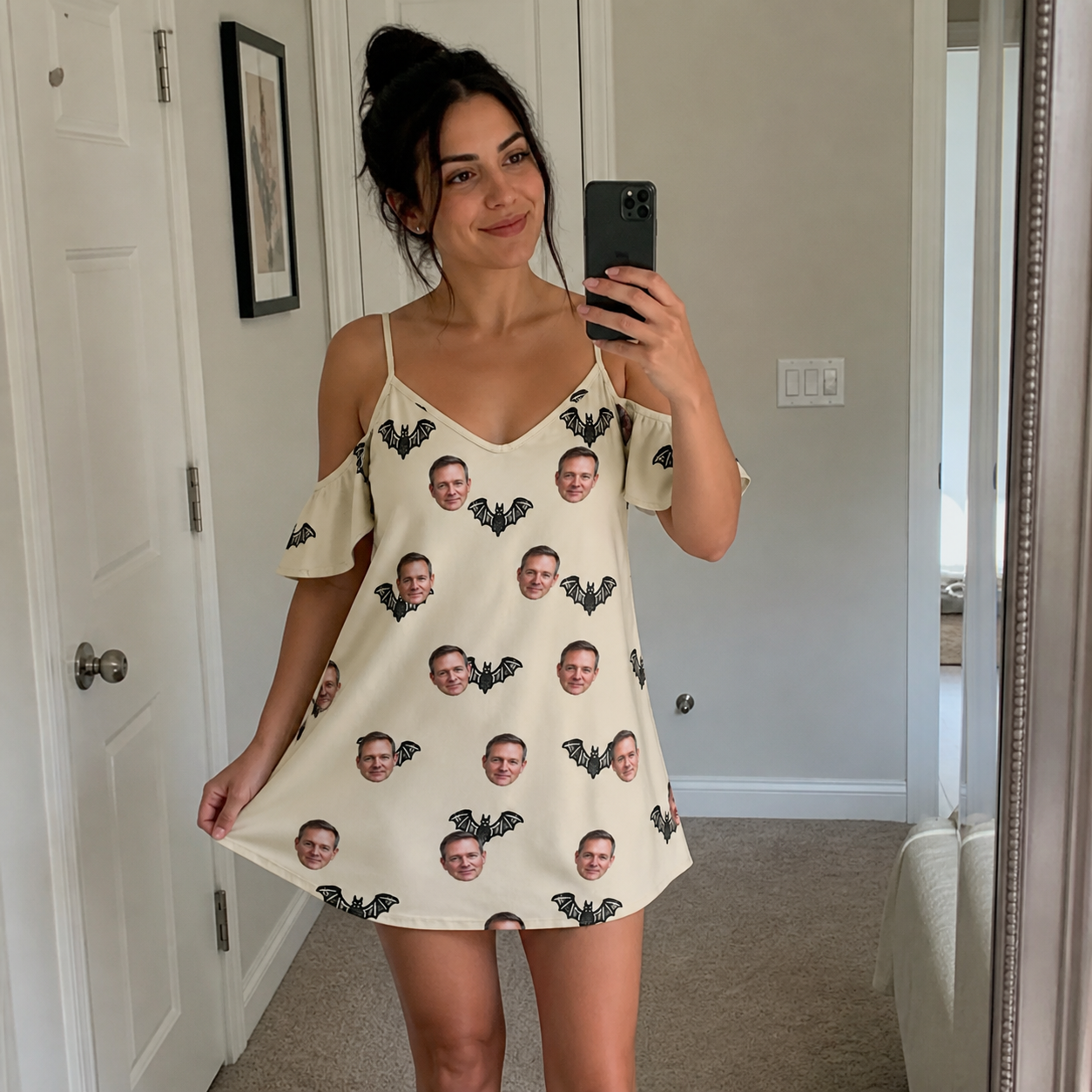 Real-life photo of someone wearing Women's Winged Whispers Custom Face Off-Shoulder Dress — custom faces printed all-over