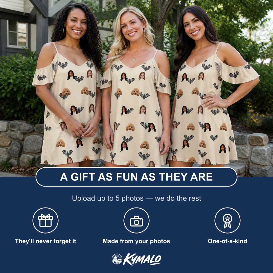 Friends in matching Women's Winged Whispers Custom Face Off-Shoulder Dress — a group gift photo