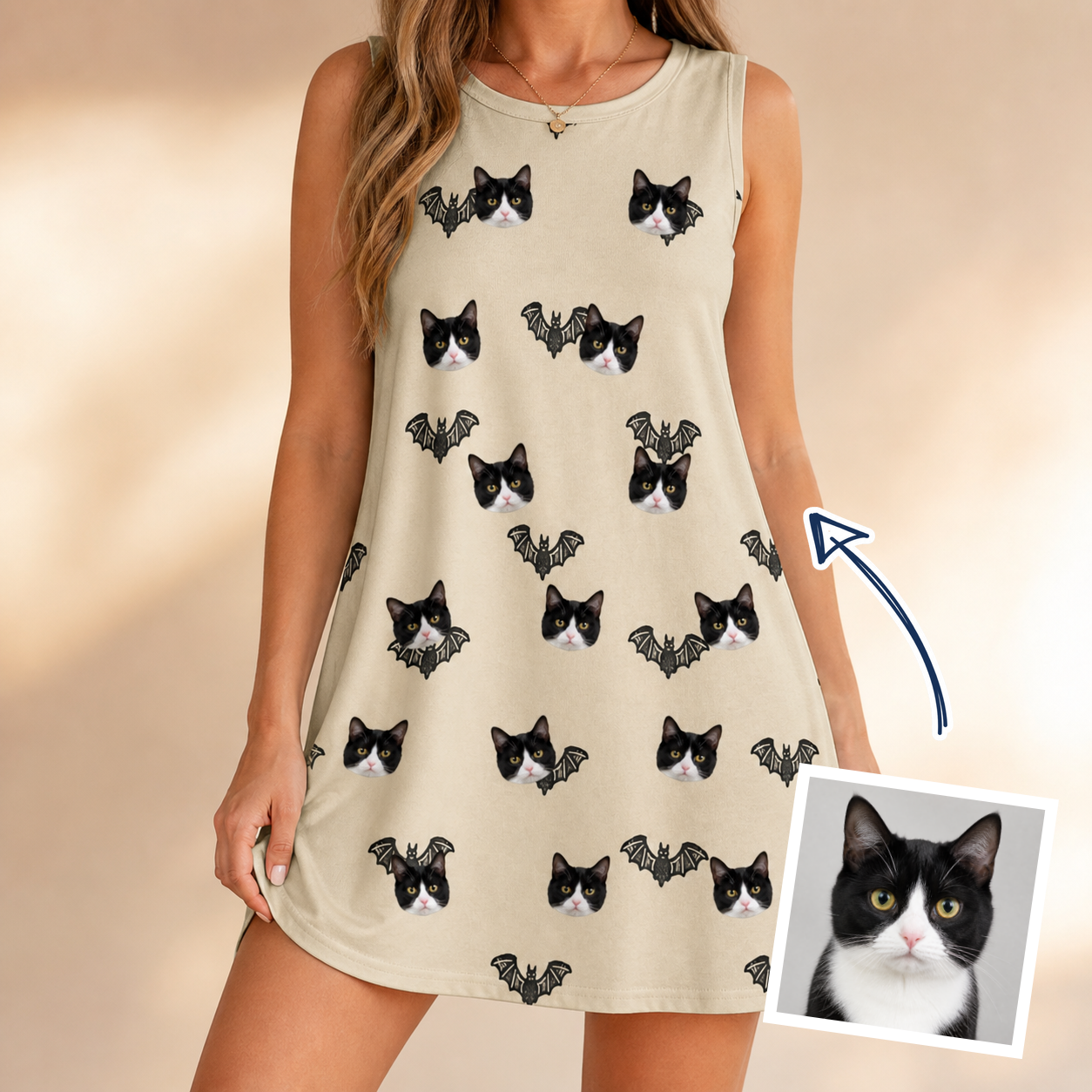 Woman wearing Women's Winged Whispers Custom Cat Face Tank Dress — custom faces printed all-over