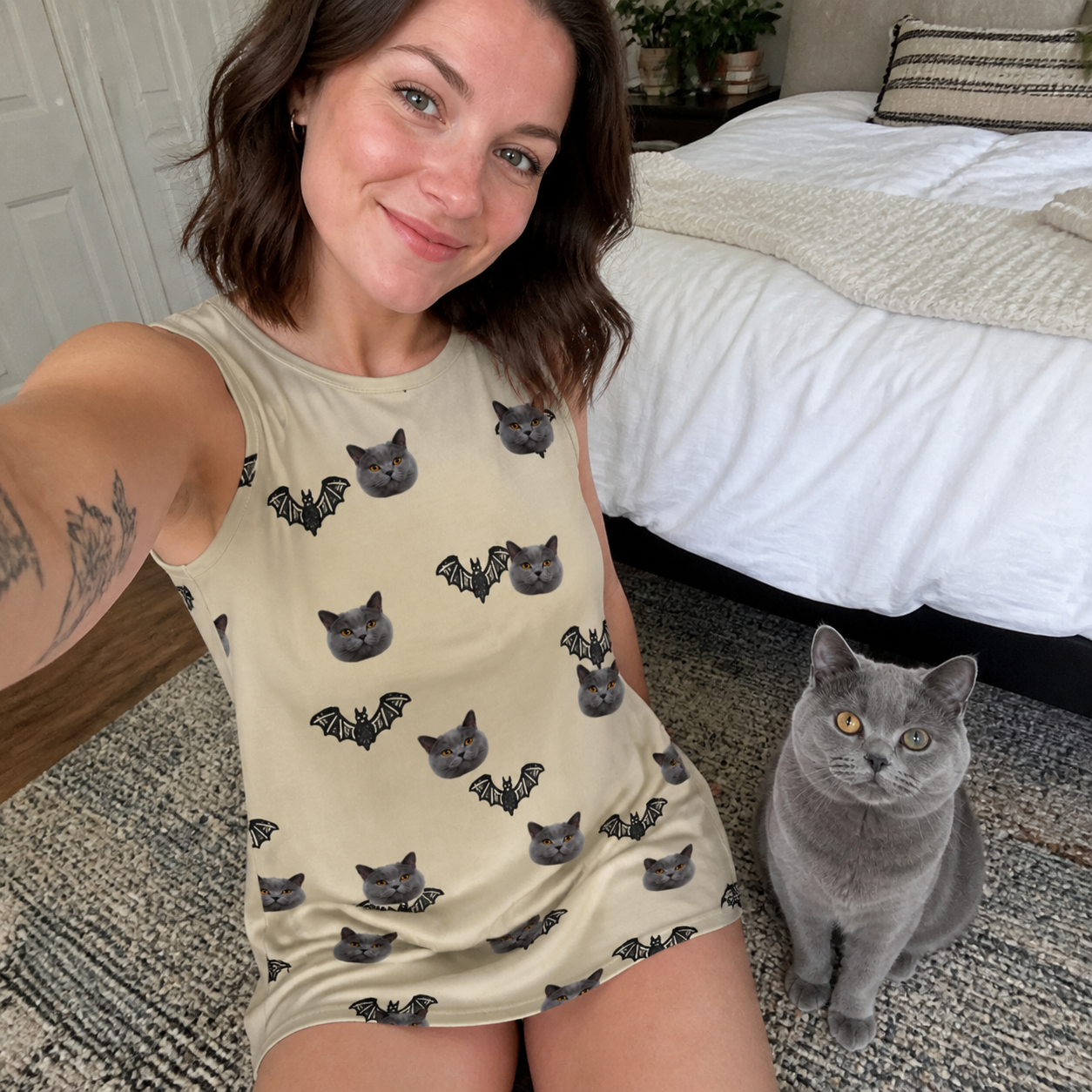 Selfie with the pet whose face is printed all over this Women's Winged Whispers Custom Cat Face Tank Dress