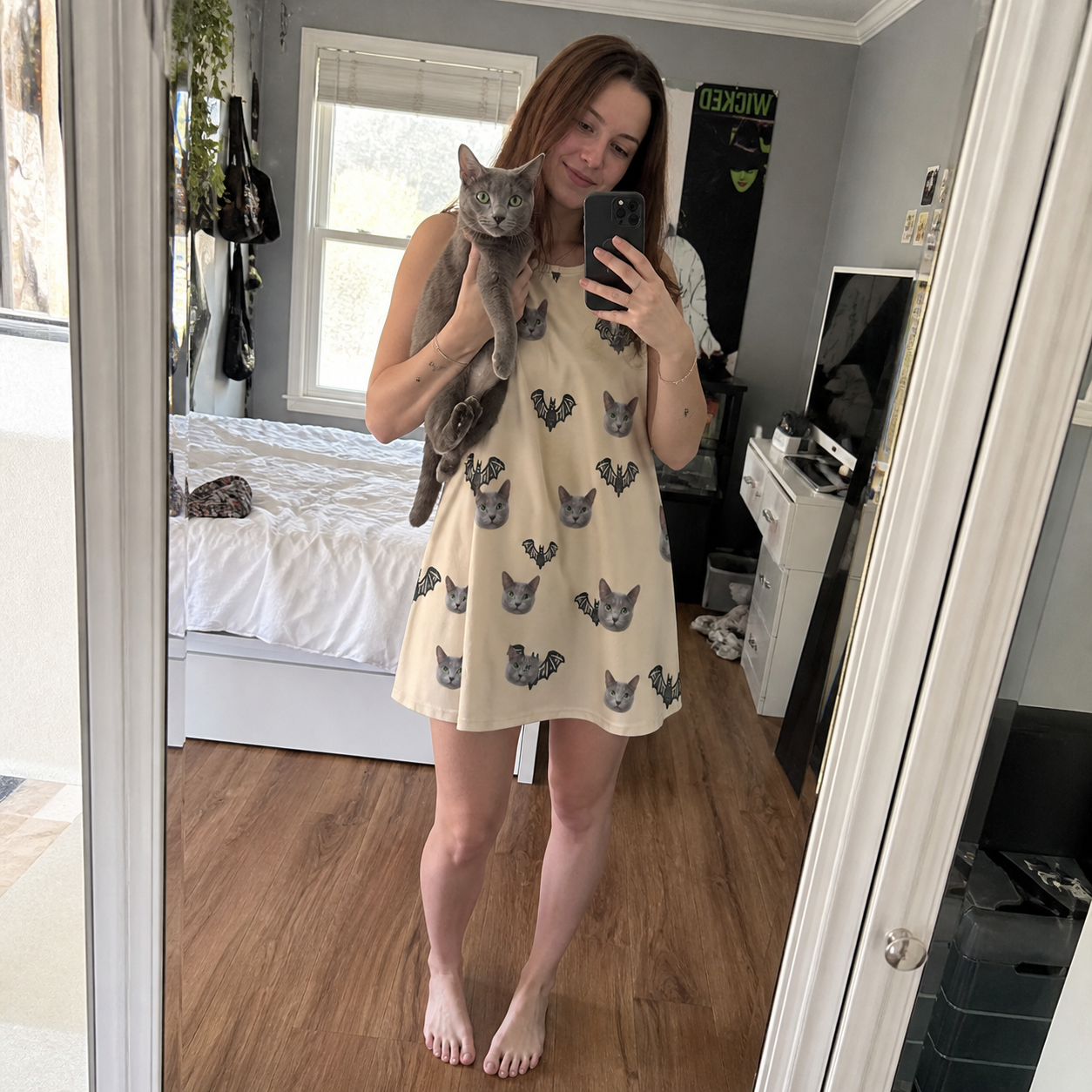 Full-length photo with the pet printed all over this Women's Winged Whispers Custom Cat Face Tank Dress