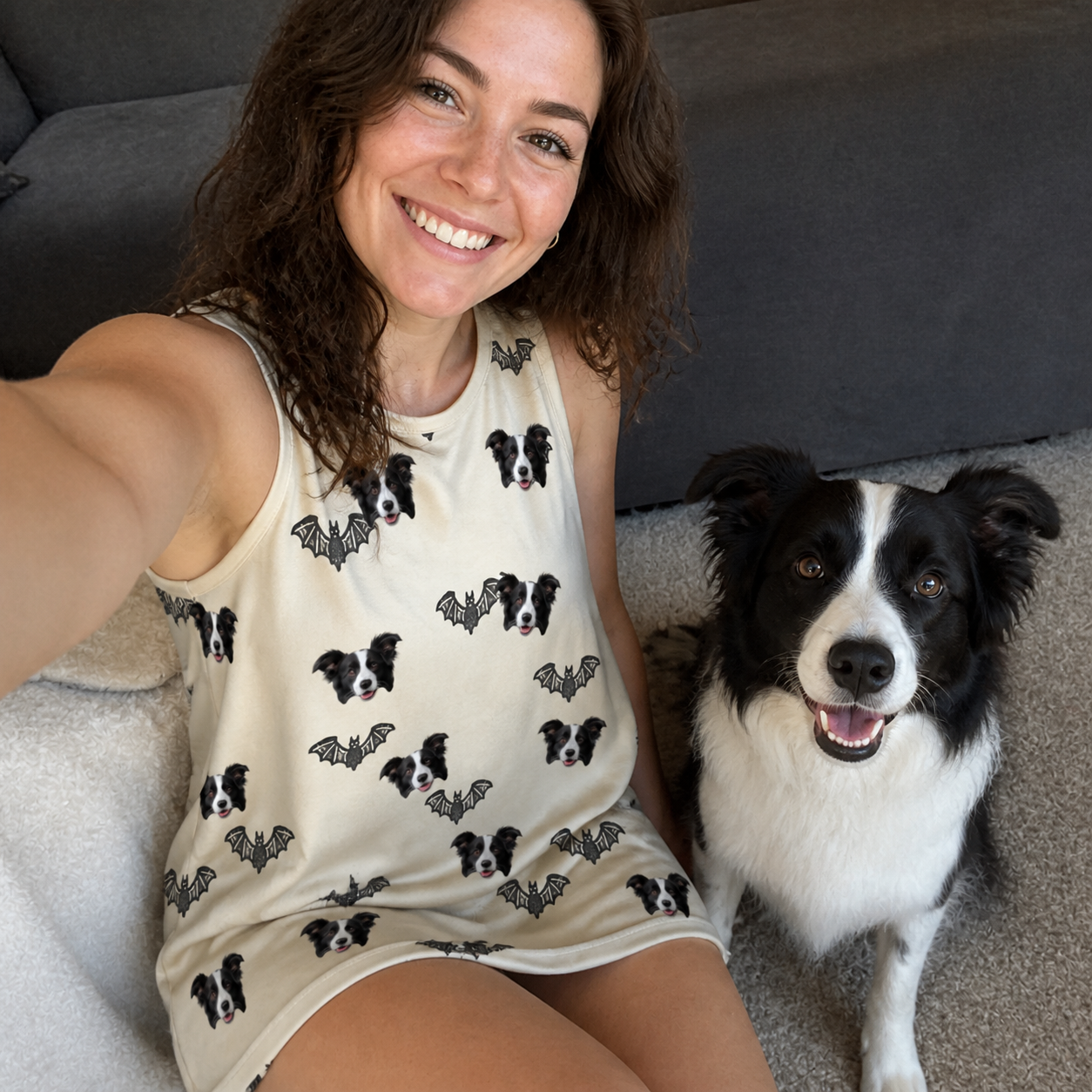 Selfie with the pet whose face is printed all over this Women's Winged Whispers Custom Dog Face Tank Dress