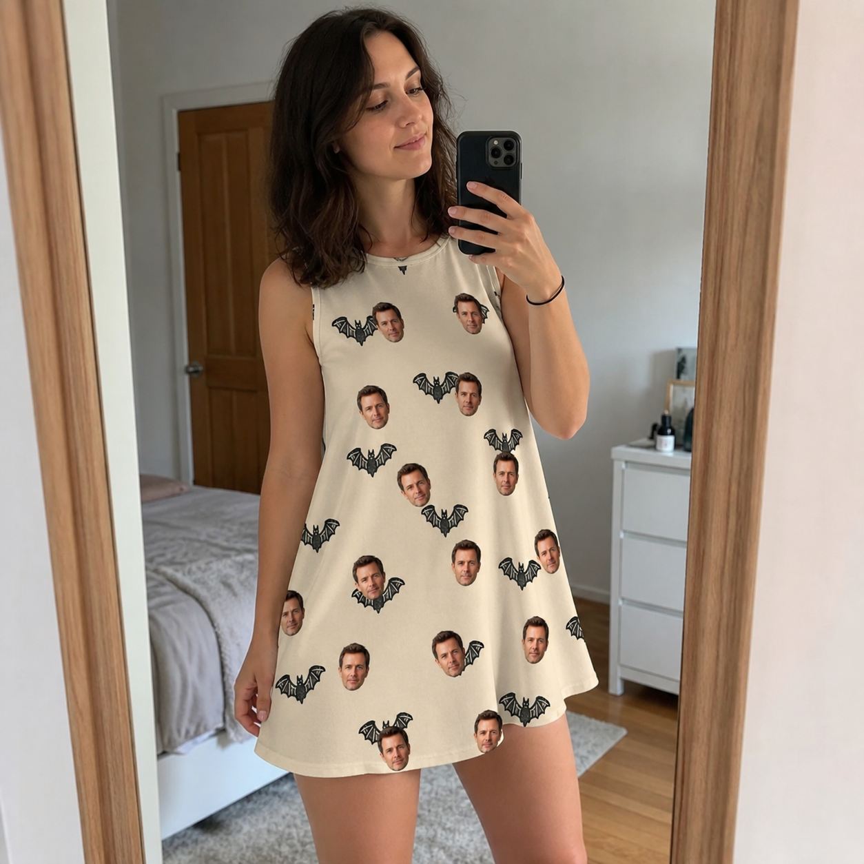 Real-life photo of someone wearing Women's Winged Whispers Custom Face Tank Dress — custom faces printed all-over