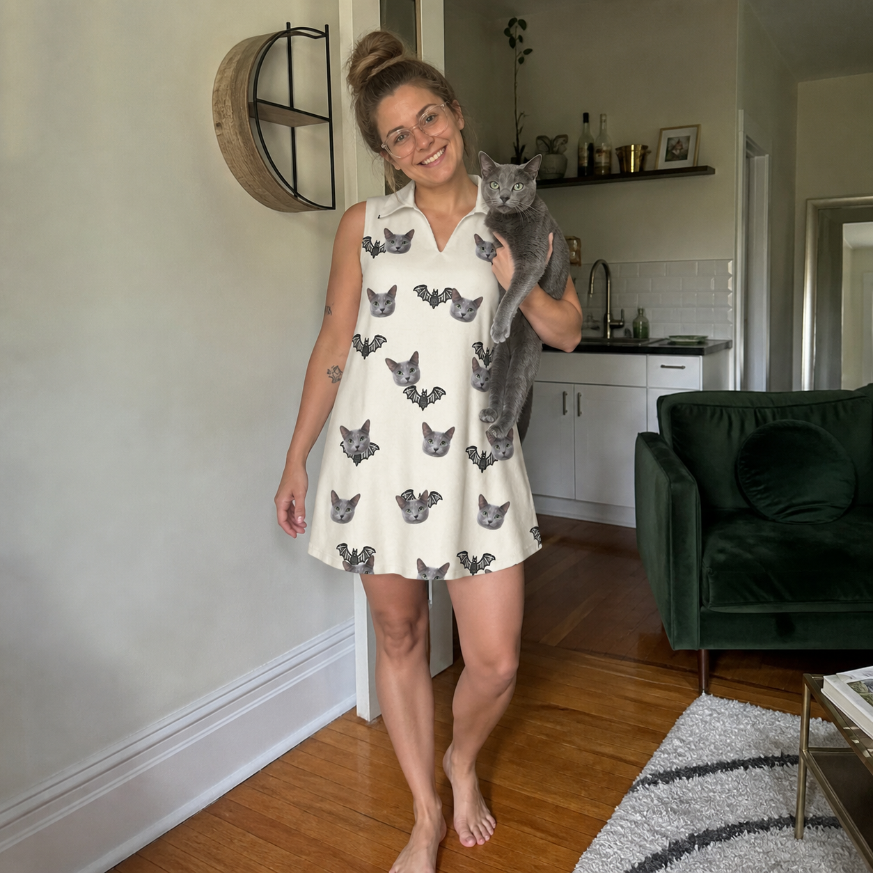 Full-length photo with the pet printed all over this Women's Winged Whispers Custom Cat Face V-Neck Dress