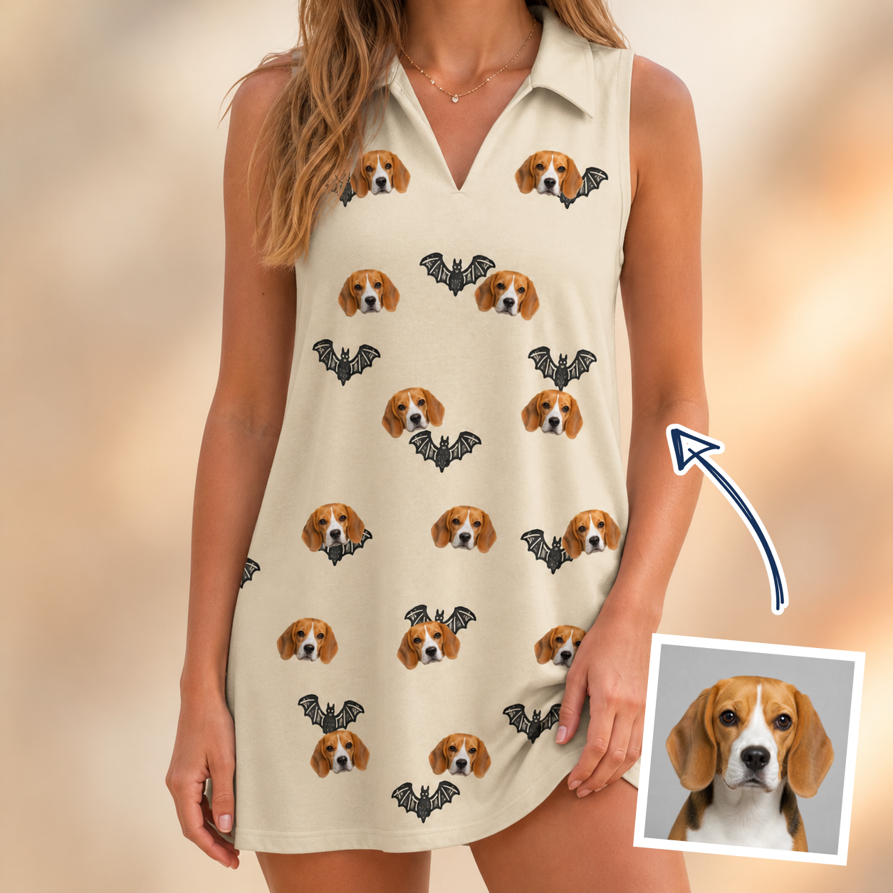Woman wearing Women's Winged Whispers Custom Dog Face V-Neck Dress — custom faces printed all-over