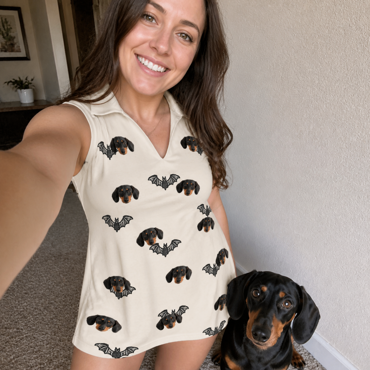 Selfie with the pet whose face is printed all over this Women's Winged Whispers Custom Dog Face V-Neck Dress