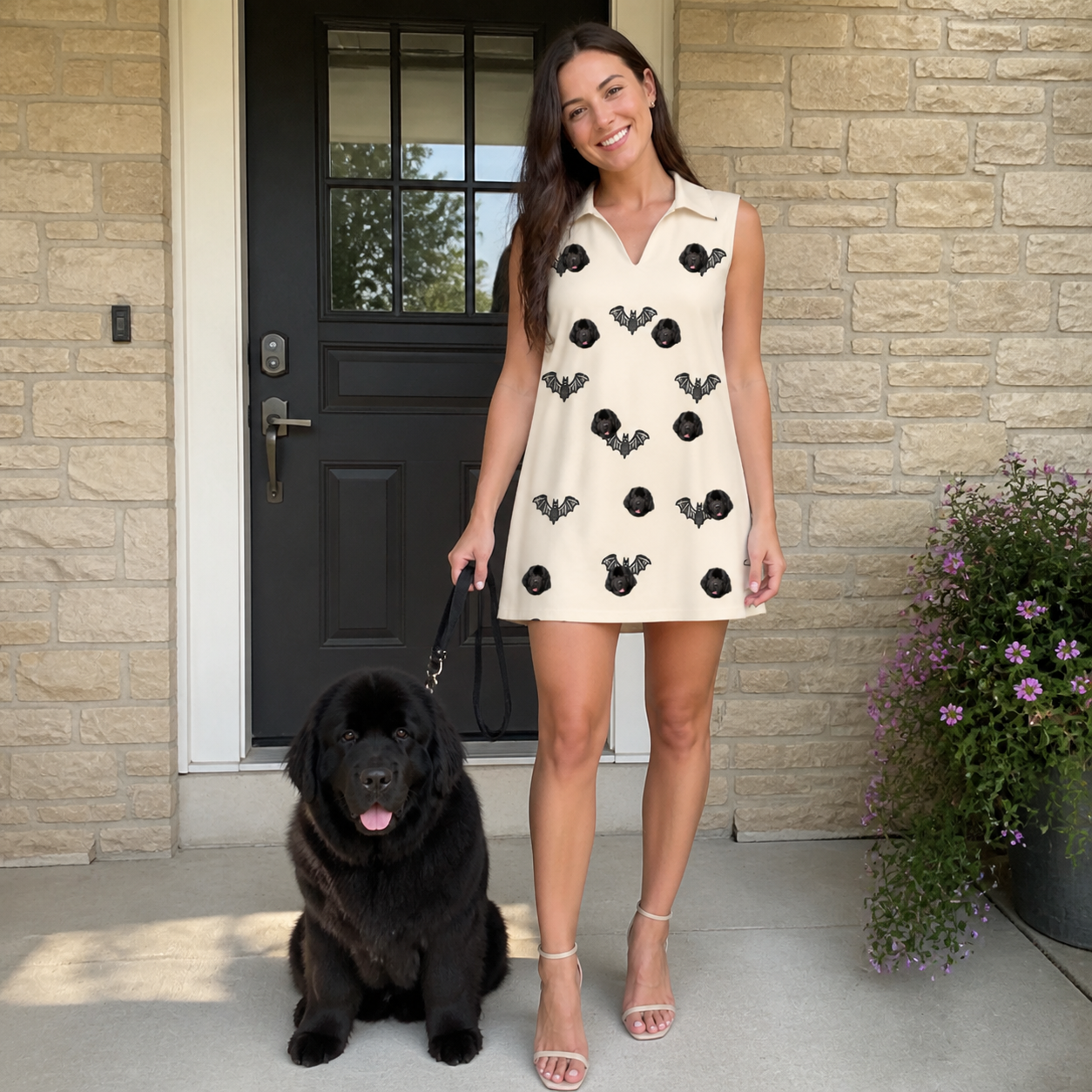 Full-length photo with the pet printed all over this Women's Winged Whispers Custom Dog Face V-Neck Dress