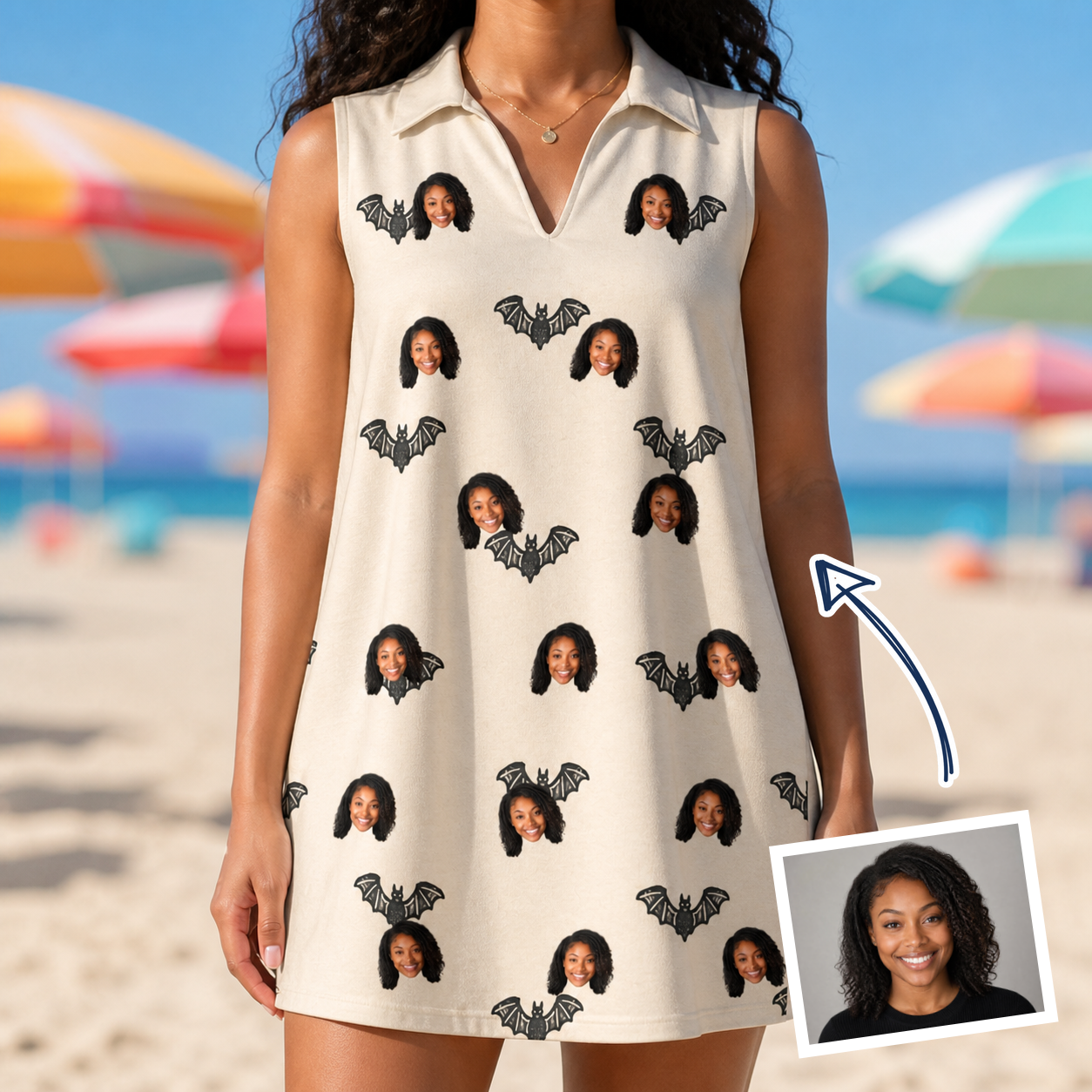 Woman wearing Women's Winged Whispers Custom Face V-Neck Dress — custom faces printed all-over