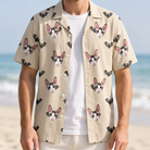 Man wearing Men's Winged Whispers Custom Cat Face Hawaiian Shirt open over a white tee