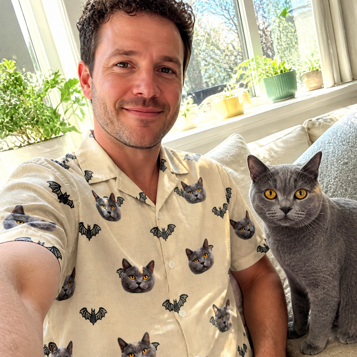 Selfie with the pet whose face is printed all over this Men's Winged Whispers Custom Cat Face Hawaiian Shirt