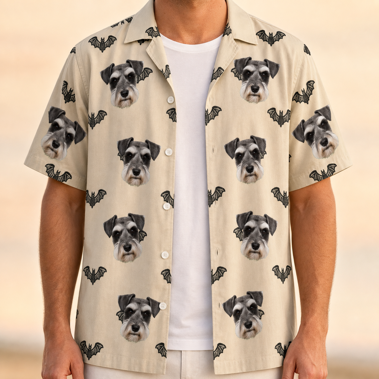 Man wearing Men's Winged Whispers Custom Dog Face Hawaiian Shirt open over a white tee
