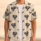 Man wearing Men's Winged Whispers Custom Dog Face Hawaiian Shirt open over a white tee