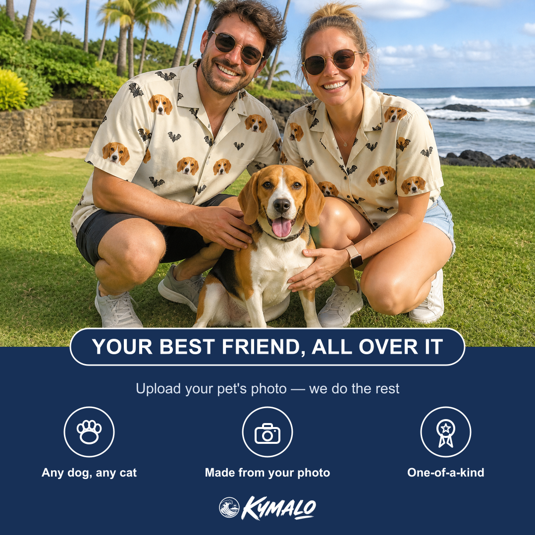 Friends in matching Men's Winged Whispers Custom Dog Face Hawaiian Shirt — a group gift photo