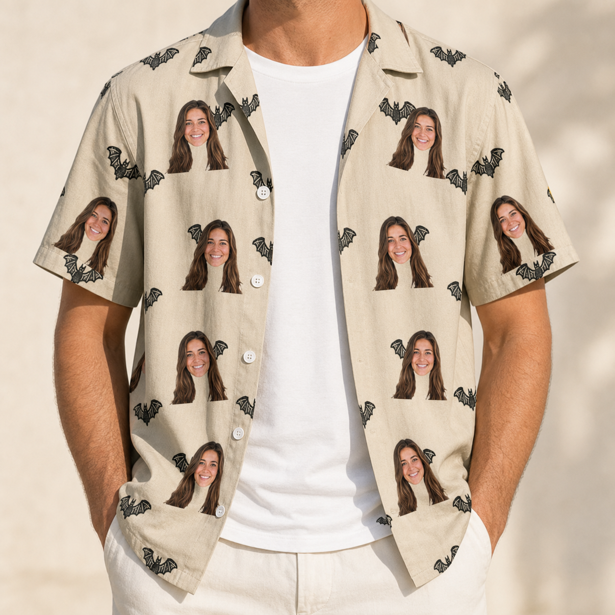 Man wearing Men's Winged Whispers Custom Face Hawaiian Shirt open over a white tee