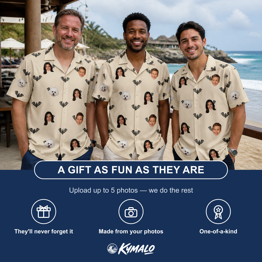 Friends in matching Men's Winged Whispers Custom Face Hawaiian Shirt — a group gift photo