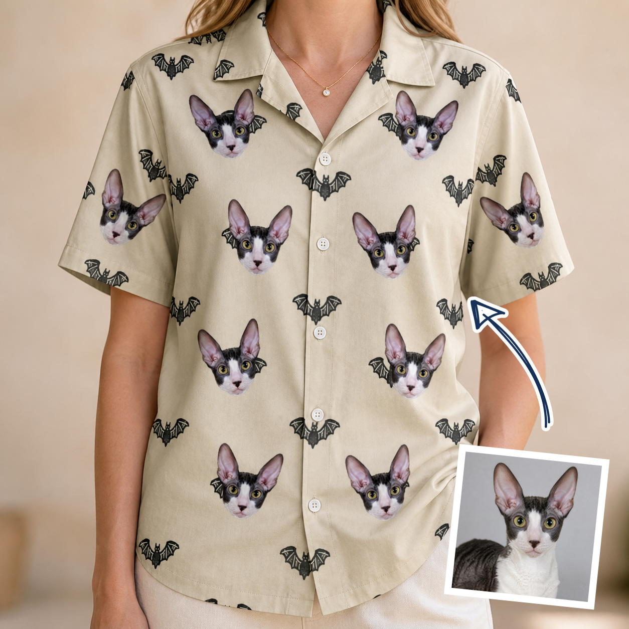 Woman wearing Women's Winged Whispers Custom Cat Face Hawaiian Shirt — custom faces printed all-over