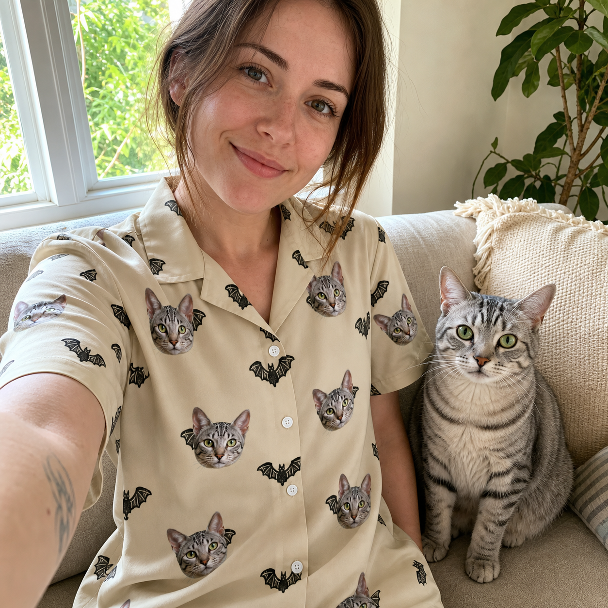 Selfie with the pet whose face is printed all over this Women's Winged Whispers Custom Cat Face Hawaiian Shirt