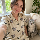 Selfie with the pet whose face is printed all over this Women's Winged Whispers Custom Cat Face Hawaiian Shirt