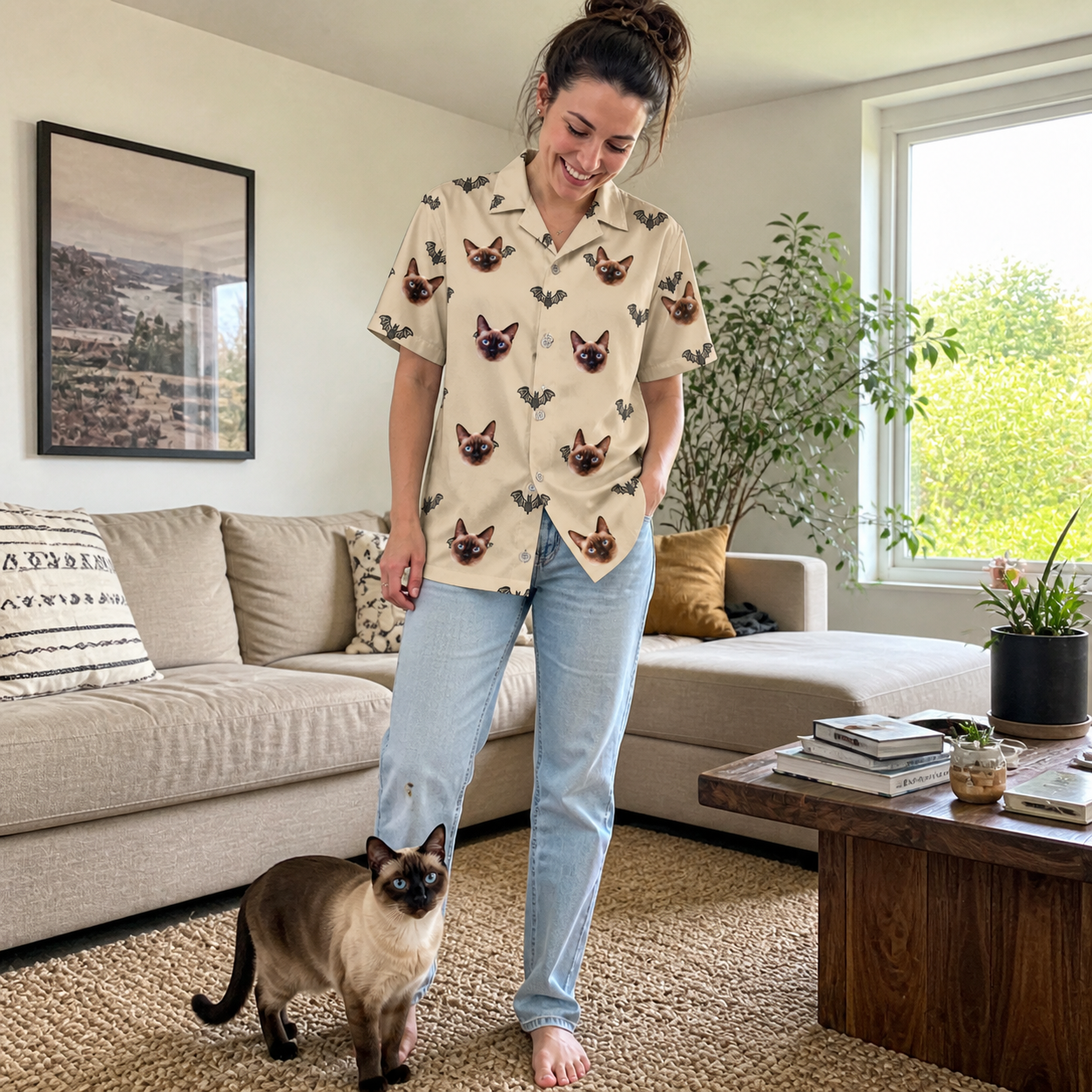 Full-length photo with the pet printed all over this Women's Winged Whispers Custom Cat Face Hawaiian Shirt