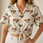 Woman wearing Women's Winged Whispers Custom Dog Face Hawaiian Shirt tied at the waist