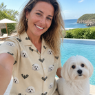 Selfie with the pet whose face is printed all over this Women's Winged Whispers Custom Dog Face Hawaiian Shirt