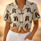 Woman wearing Women's Winged Whispers Custom Face Hawaiian Shirt tied at the waist