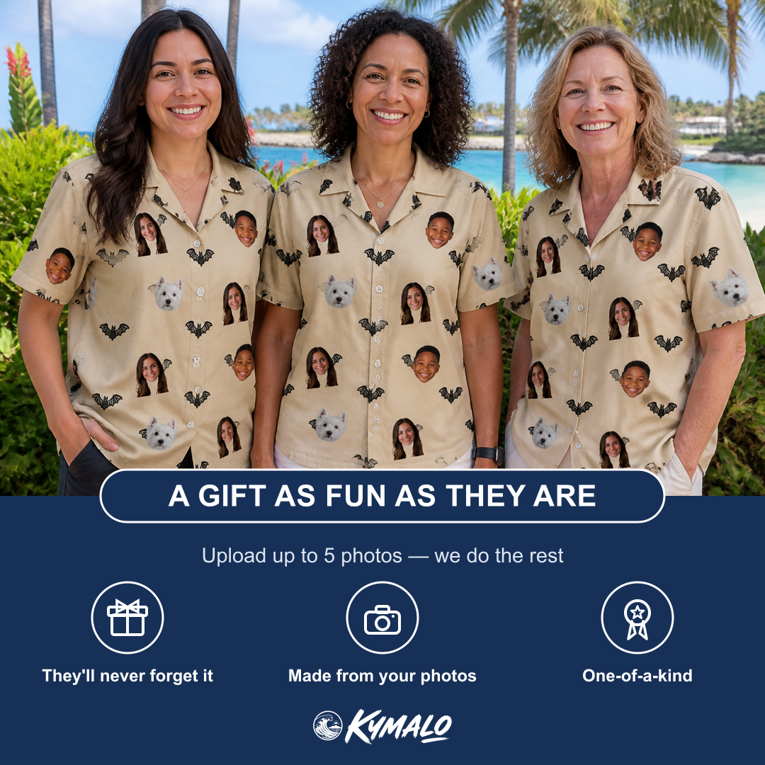 Friends in matching Women's Winged Whispers Custom Face Hawaiian Shirt — a group gift photo