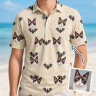 Man wearing Men's Winged Whispers Custom Cat Face Polo Shirt — custom faces printed all-over